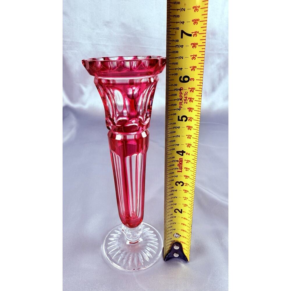Antique Bohemian Ruby Cut to Clear Trumpet Bud Vase 6.5” Victorian Art Glass - Picture 7 of 8